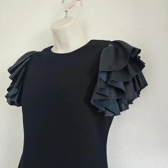 Alice + Olivia Black Eunice Vegan Leather Ruffle-sleeve Mini Dress Size 2 LBD - Picture 3 of 8